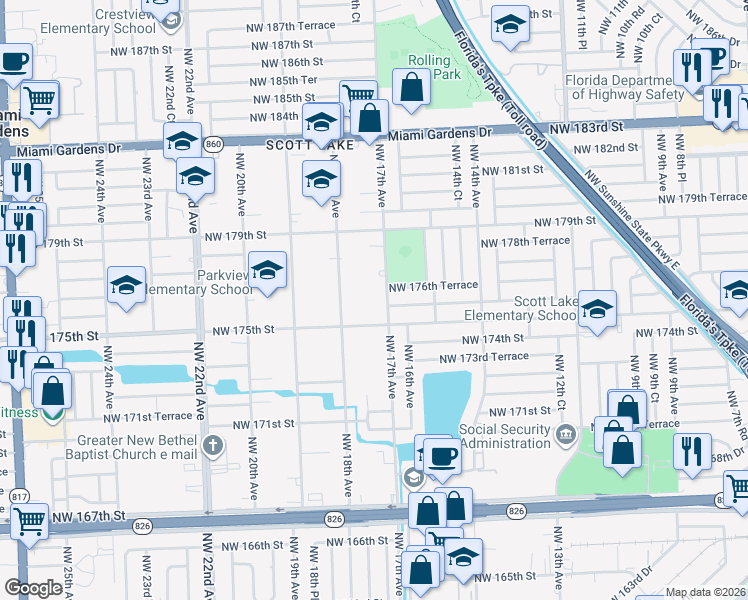 map of restaurants, bars, coffee shops, grocery stores, and more near 17580 Northwest 17th Avenue in Miami Gardens