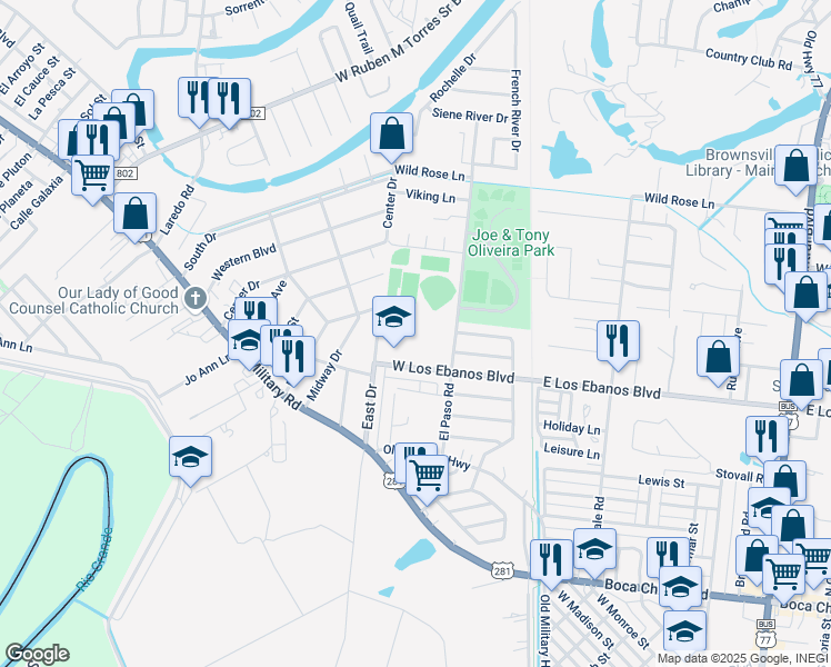 map of restaurants, bars, coffee shops, grocery stores, and more near 314 West Los Ebanos Boulevard in Brownsville