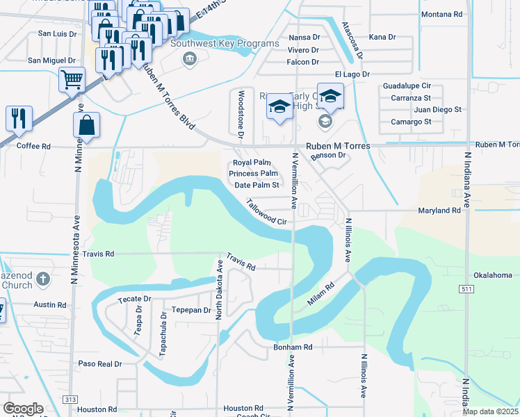map of restaurants, bars, coffee shops, grocery stores, and more near 6801 Greystone Drive in Brownsville