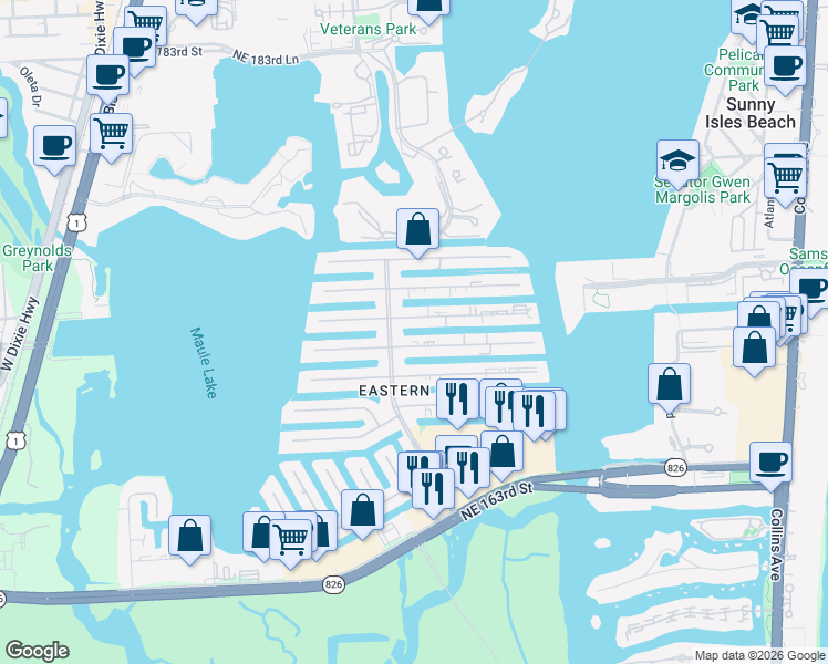 map of restaurants, bars, coffee shops, grocery stores, and more near 3651 Northeast 168th Street in North Miami Beach