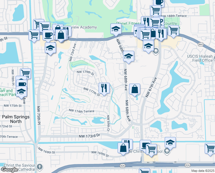 map of restaurants, bars, coffee shops, grocery stores, and more near 6901 Northwest 179th Street in Hialeah