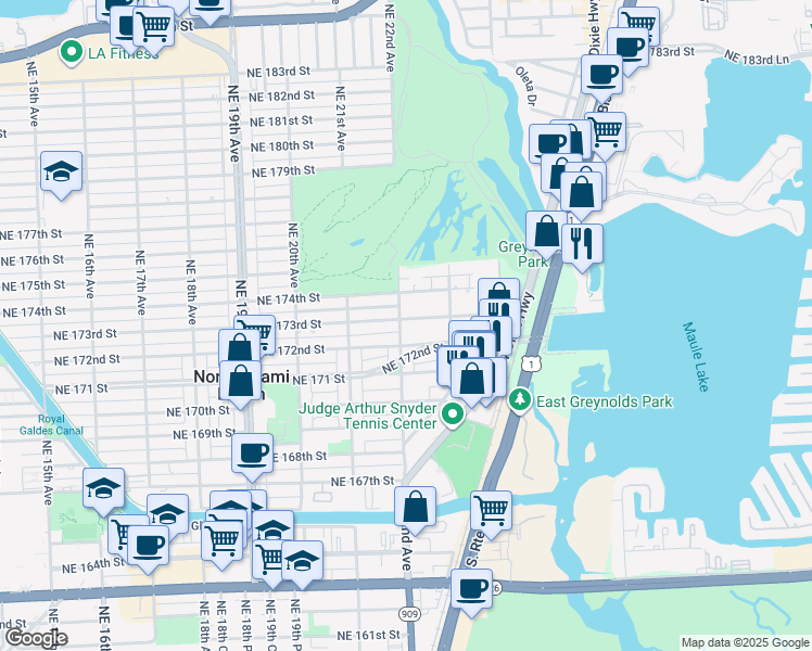map of restaurants, bars, coffee shops, grocery stores, and more near 2233 Northeast 172nd Street in North Miami Beach