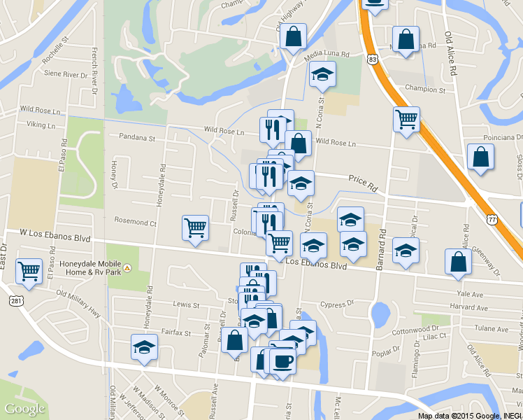 map of restaurants, bars, coffee shops, grocery stores, and more near 2155 Central Boulevard in Brownsville