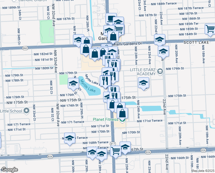 map of restaurants, bars, coffee shops, grocery stores, and more near 17690 Northwest 27th Avenue in Miami Gardens
