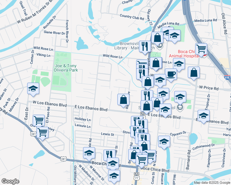 map of restaurants, bars, coffee shops, grocery stores, and more near 301 Horizon Lane in Brownsville