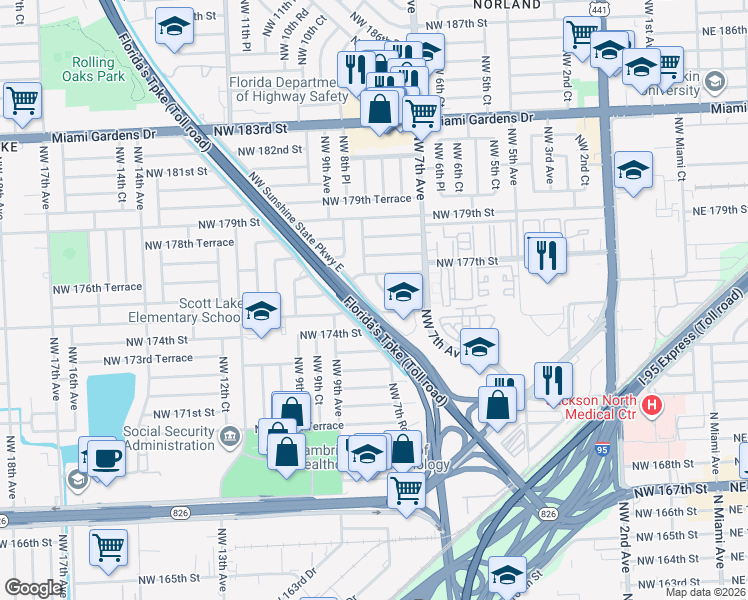 map of restaurants, bars, coffee shops, grocery stores, and more near 17515 Northwest Sunshine State Parkway East in Miami