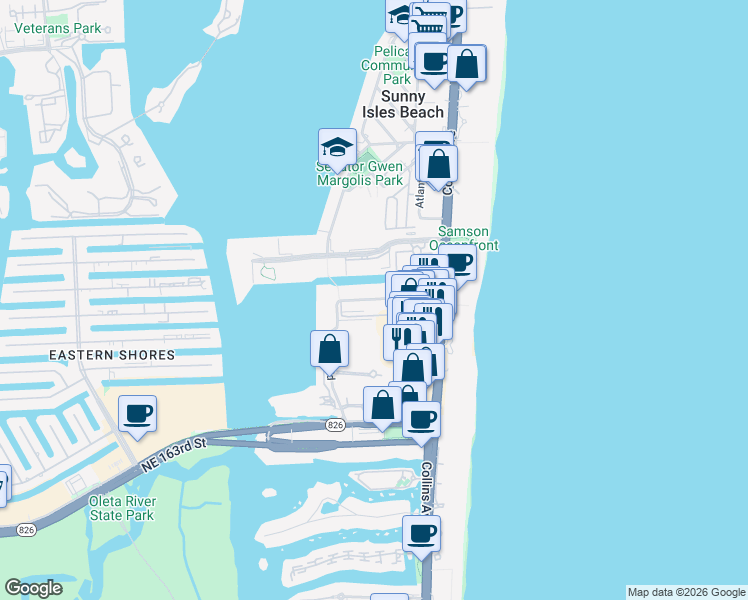 map of restaurants, bars, coffee shops, grocery stores, and more near 200 172nd Street in Sunny Isles Beach