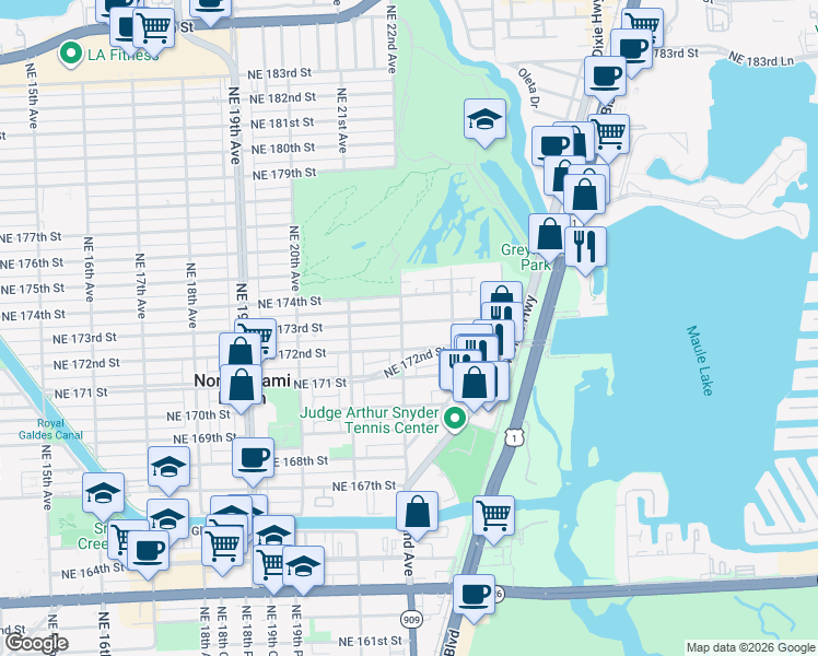 map of restaurants, bars, coffee shops, grocery stores, and more near 2233 Northeast 172nd Street in North Miami Beach