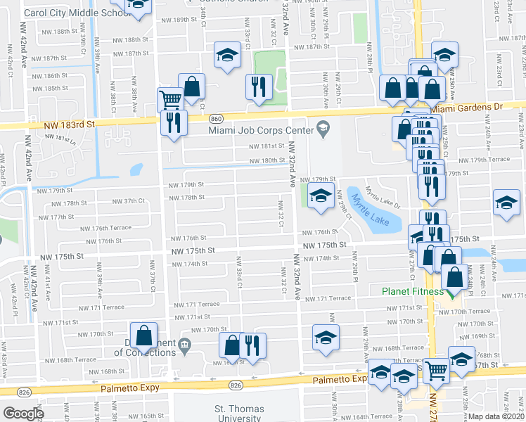 map of restaurants, bars, coffee shops, grocery stores, and more near 3251 Northwest 176th Terrace in Miami Gardens