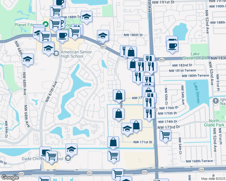 map of restaurants, bars, coffee shops, grocery stores, and more near 17750 NW 59th Ave in Hialeah