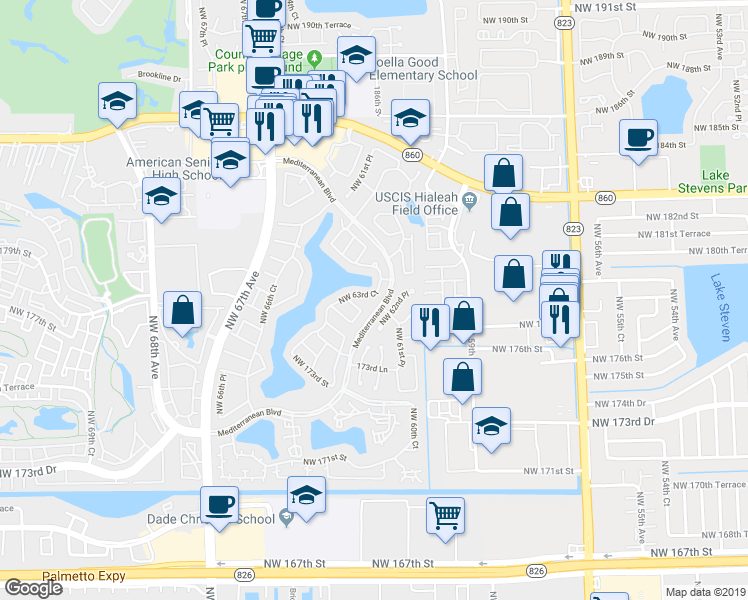 map of restaurants, bars, coffee shops, grocery stores, and more near 17747 Northwest 63rd Court in Hialeah