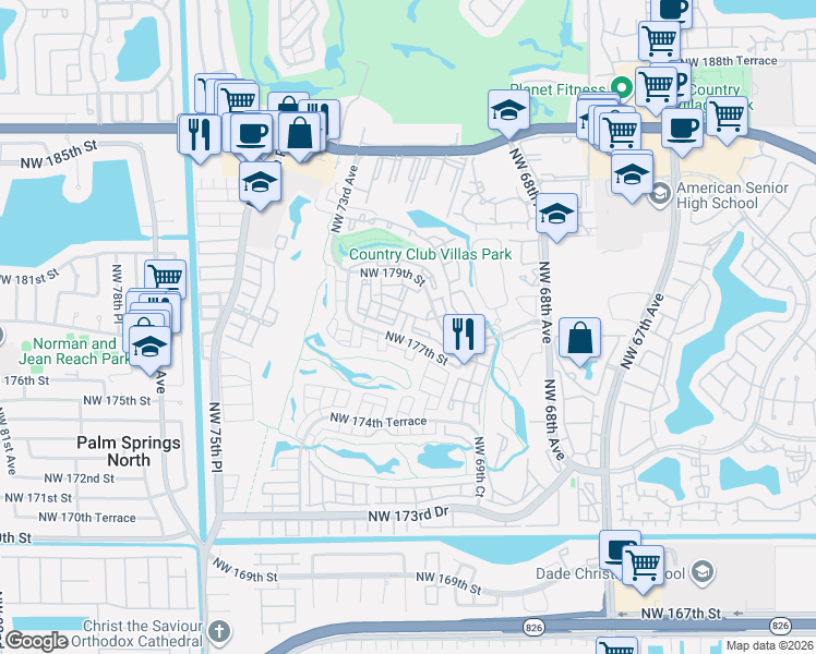 map of restaurants, bars, coffee shops, grocery stores, and more near 58 Northwest 177th Street in Hialeah