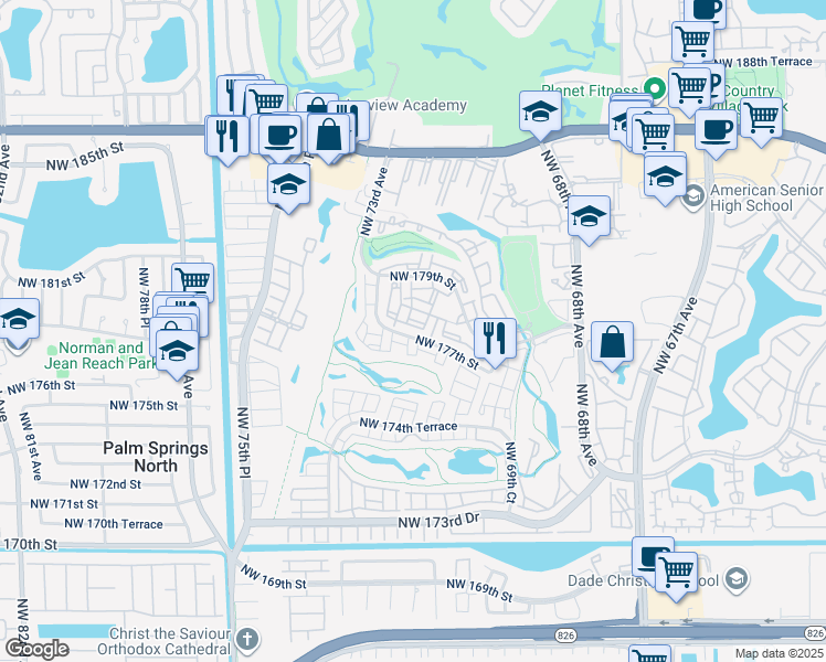 map of restaurants, bars, coffee shops, grocery stores, and more near 7150 Northwest 177th Street in Hialeah