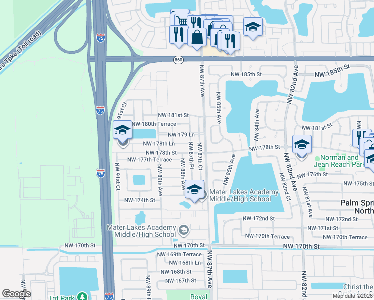 map of restaurants, bars, coffee shops, grocery stores, and more near 17773 Northwest 87th Place in Hialeah