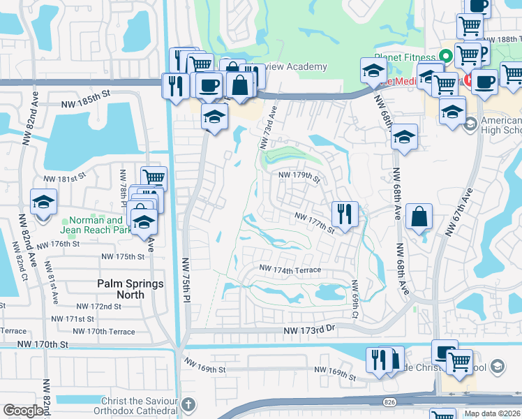 map of restaurants, bars, coffee shops, grocery stores, and more near 17630 Northwest 73rd Avenue in Hialeah