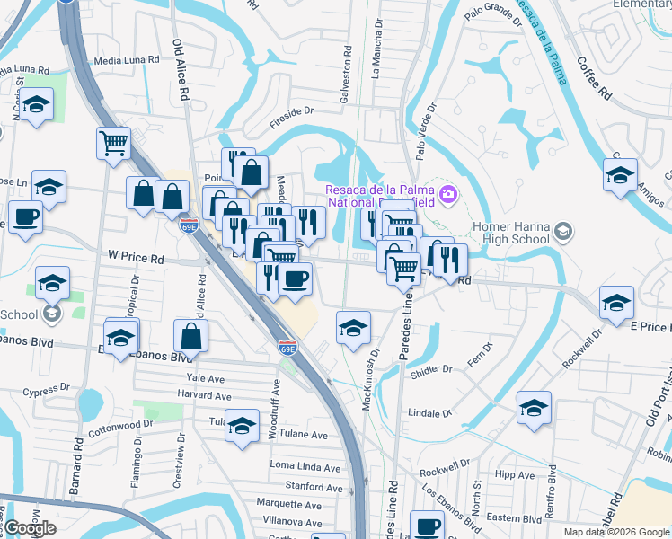 map of restaurants, bars, coffee shops, grocery stores, and more near 1775 East Price Road in Brownsville