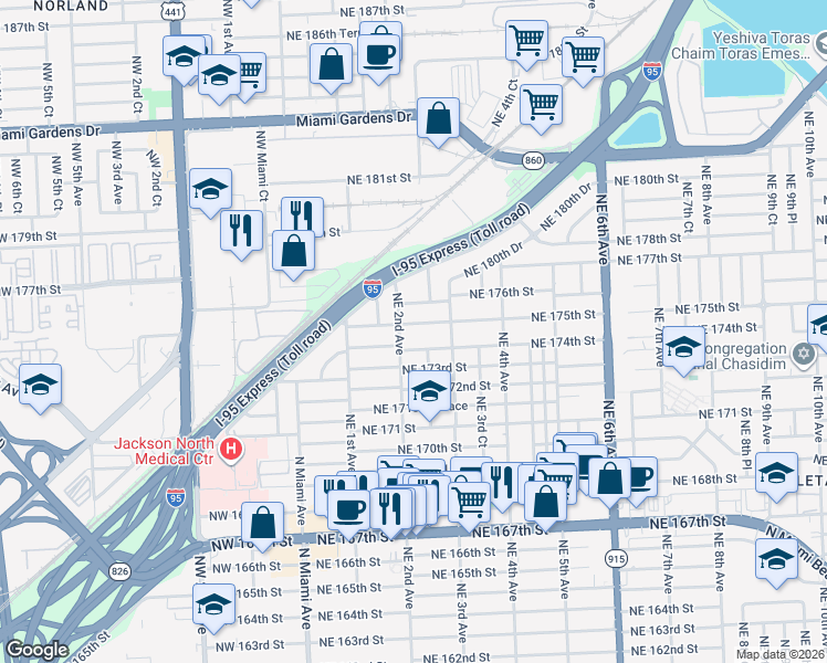 map of restaurants, bars, coffee shops, grocery stores, and more near 231 Northeast 174th Street in North Miami Beach