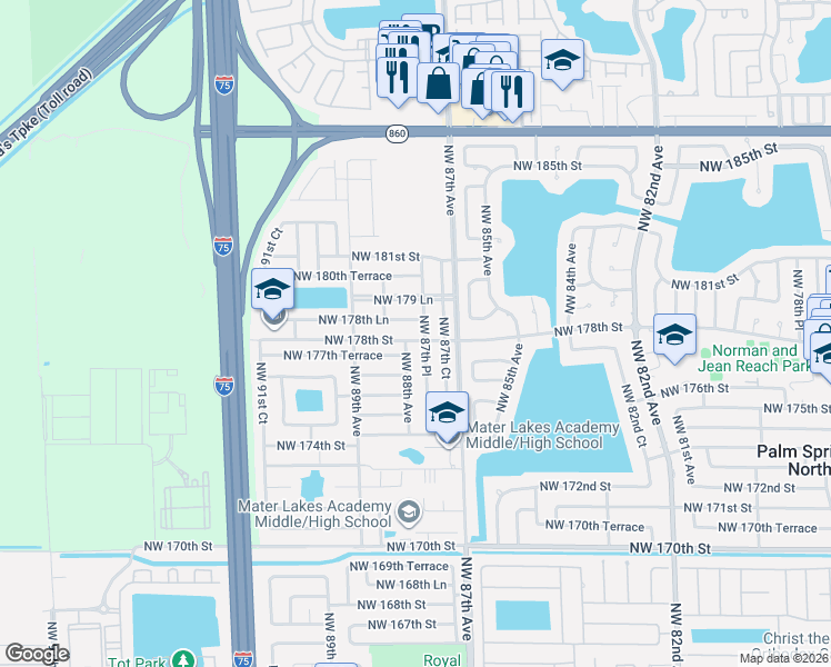 map of restaurants, bars, coffee shops, grocery stores, and more near 17773 Northwest 87th Place in Hialeah