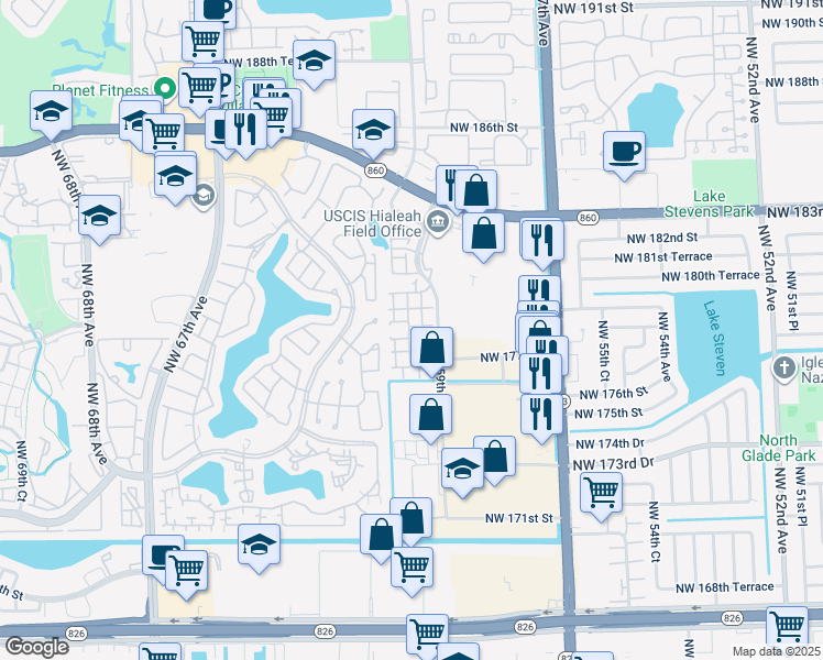 map of restaurants, bars, coffee shops, grocery stores, and more near 17750 Northwest 59th Avenue in Hialeah