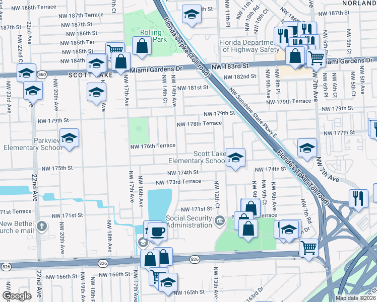 map of restaurants, bars, coffee shops, grocery stores, and more near 1360 Northwest 175th Terrace in Miami