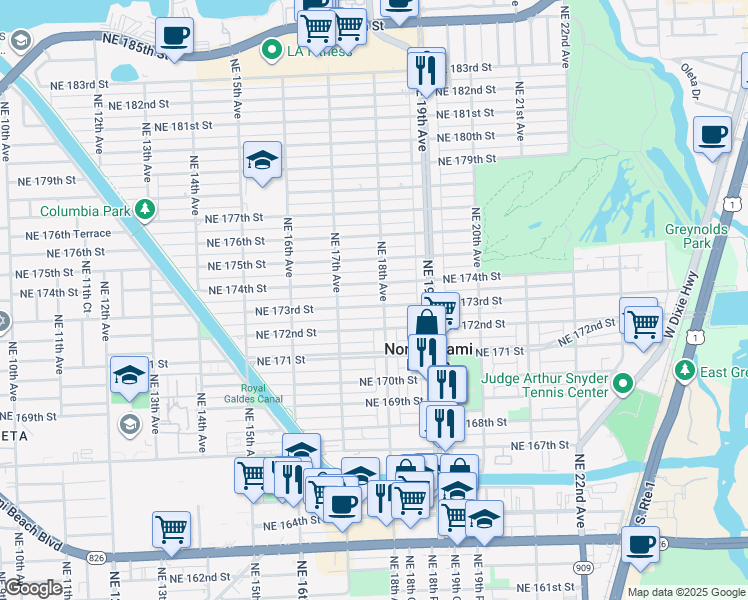 map of restaurants, bars, coffee shops, grocery stores, and more near 1798 Northeast 173rd Street in North Miami Beach