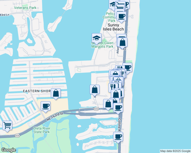 map of restaurants, bars, coffee shops, grocery stores, and more near 17100 North Bay Road in Sunny Isles Beach