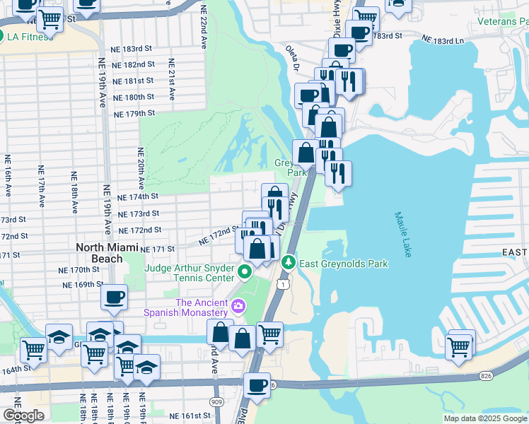 map of restaurants, bars, coffee shops, grocery stores, and more near 2393 Northeast 172nd Street in North Miami Beach
