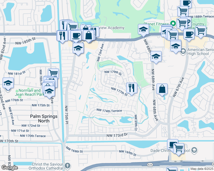 map of restaurants, bars, coffee shops, grocery stores, and more near 7150 Northwest 177th Street in Hialeah