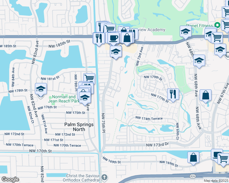 map of restaurants, bars, coffee shops, grocery stores, and more near 17826 Northwest 74th Court in Hialeah