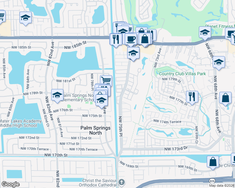 map of restaurants, bars, coffee shops, grocery stores, and more near 7678 Northwest 178th Street in Hialeah