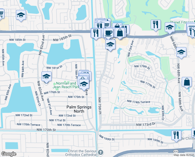 map of restaurants, bars, coffee shops, grocery stores, and more near 7678 Northwest 178th Street in Hialeah