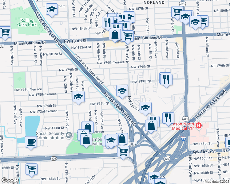 map of restaurants, bars, coffee shops, grocery stores, and more near 17515 Northwest Sunshine State Parkway East in Miami