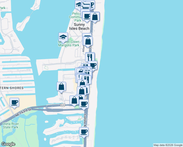map of restaurants, bars, coffee shops, grocery stores, and more near in Sunny Isles Beach