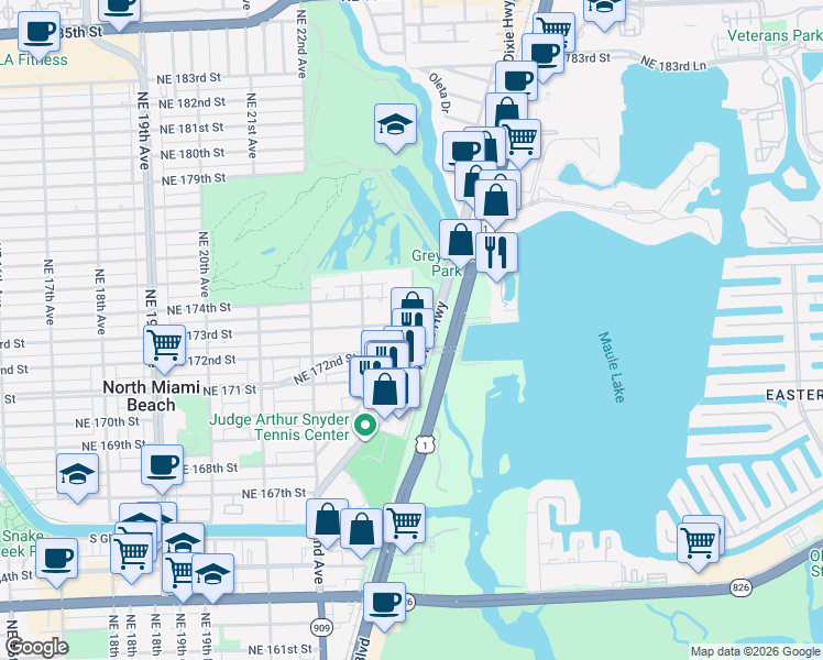 map of restaurants, bars, coffee shops, grocery stores, and more near 2393 Northeast 172nd Street in North Miami Beach