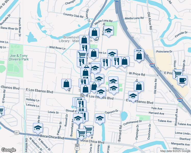 map of restaurants, bars, coffee shops, grocery stores, and more near 2255 North Coria Street in Brownsville