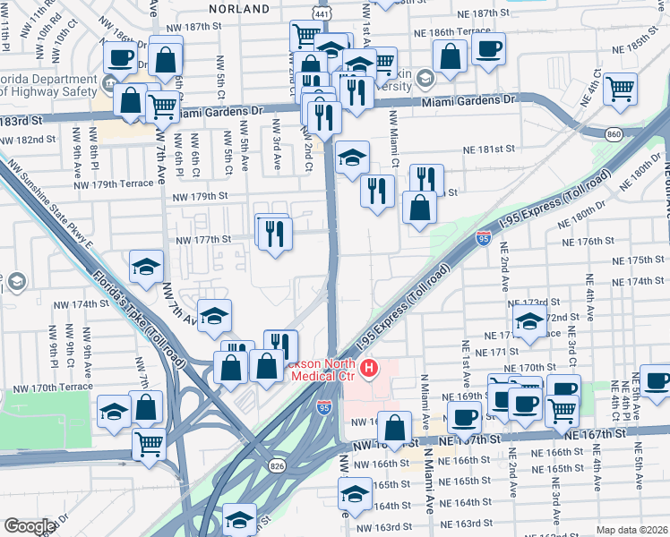 map of restaurants, bars, coffee shops, grocery stores, and more near 17440 Northwest 2nd Avenue in Miami