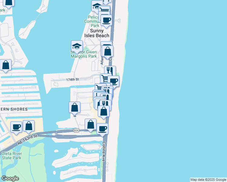 map of restaurants, bars, coffee shops, grocery stores, and more near in Sunny Isles Beach