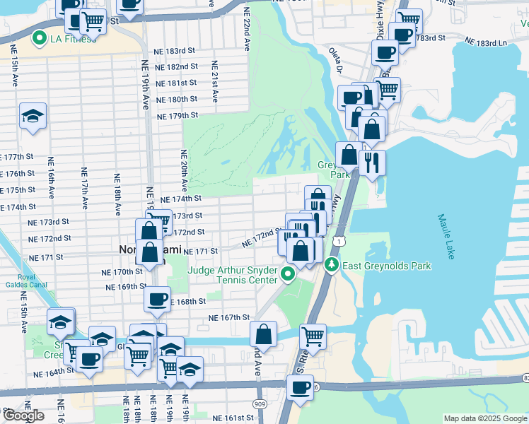 map of restaurants, bars, coffee shops, grocery stores, and more near 2233 Northeast 172nd Street in North Miami Beach
