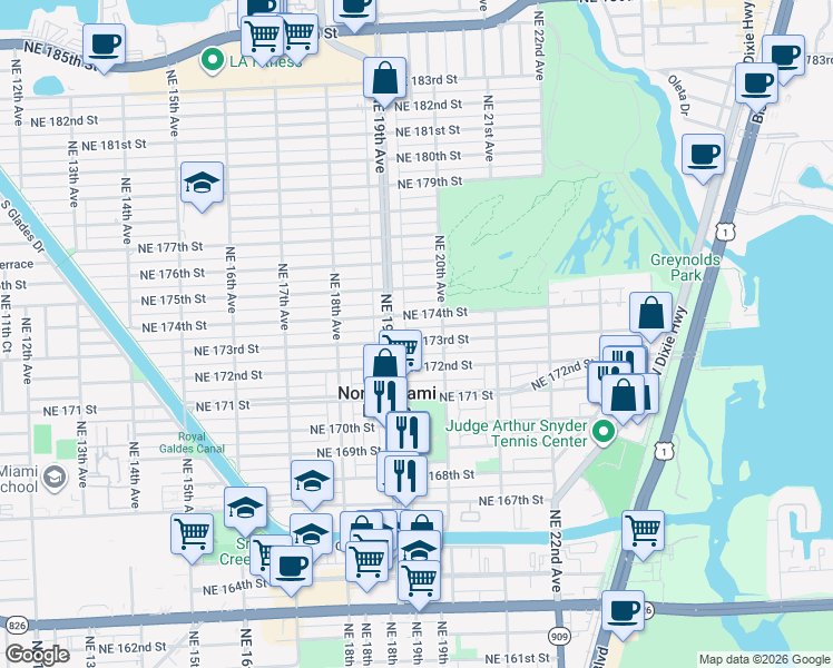 map of restaurants, bars, coffee shops, grocery stores, and more near 1940 Northeast 173rd Street in North Miami Beach