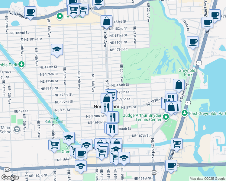 map of restaurants, bars, coffee shops, grocery stores, and more near 1940 Northeast 173rd Street in North Miami Beach