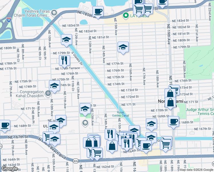 map of restaurants, bars, coffee shops, grocery stores, and more near 1423 Northeast 173rd Street in North Miami Beach