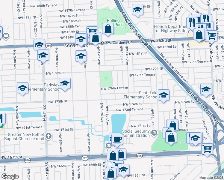 map of restaurants, bars, coffee shops, grocery stores, and more near 1520 Northwest 175th Terrace in Miami