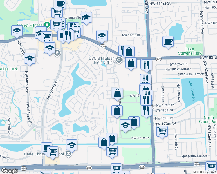 map of restaurants, bars, coffee shops, grocery stores, and more near 17750 NW 59th Ave in Hialeah