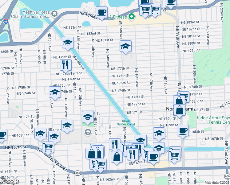map of restaurants, bars, coffee shops, grocery stores, and more near 1423 Northeast 173rd Street in North Miami Beach