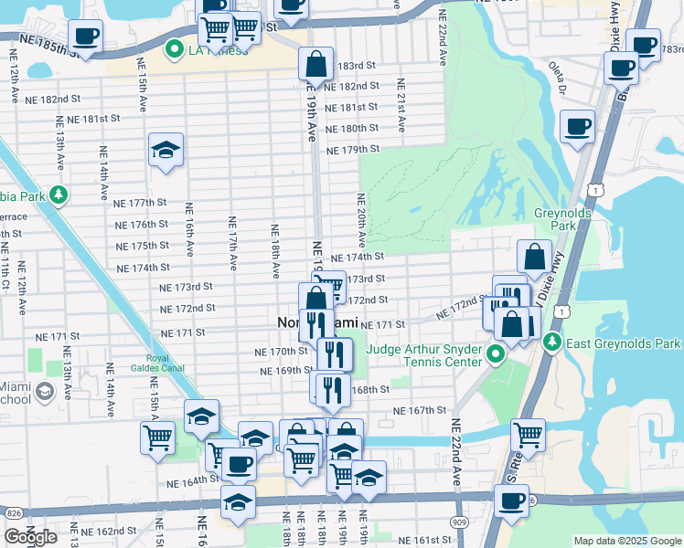 map of restaurants, bars, coffee shops, grocery stores, and more near 1940 Northeast 173rd Street in North Miami Beach