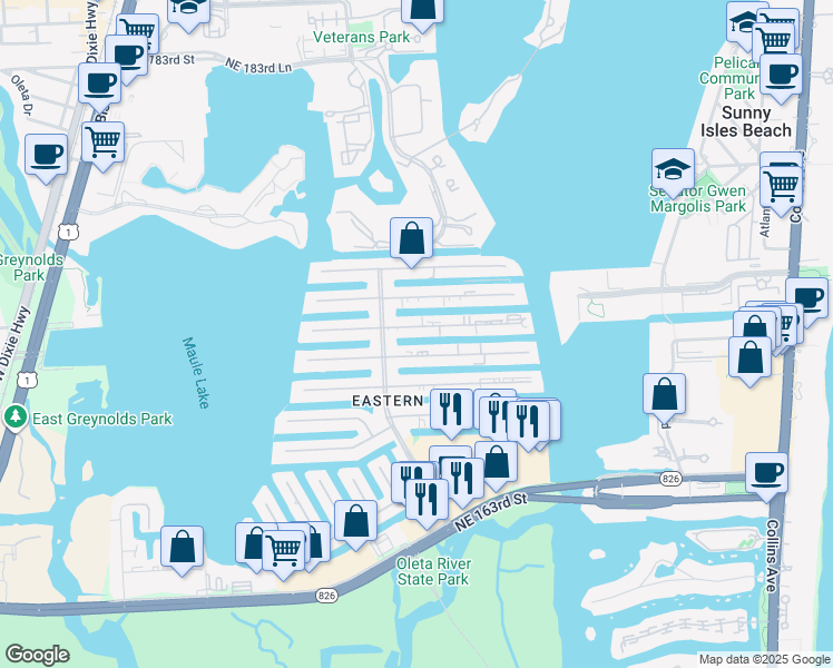 map of restaurants, bars, coffee shops, grocery stores, and more near 3651 Northeast 168th Street in North Miami Beach