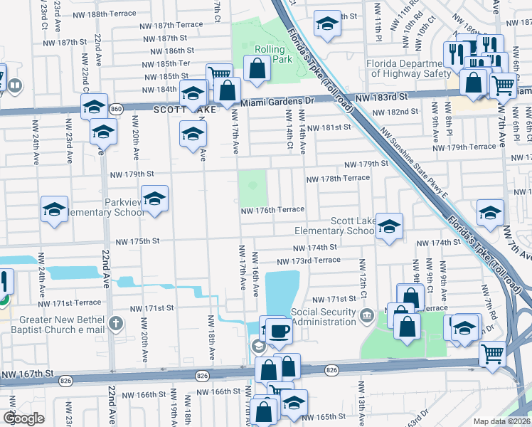 map of restaurants, bars, coffee shops, grocery stores, and more near 1520 Northwest 175th Terrace in Miami