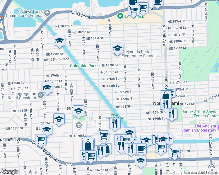 map of restaurants, bars, coffee shops, grocery stores, and more near 1482 Northeast 174th Street in North Miami Beach