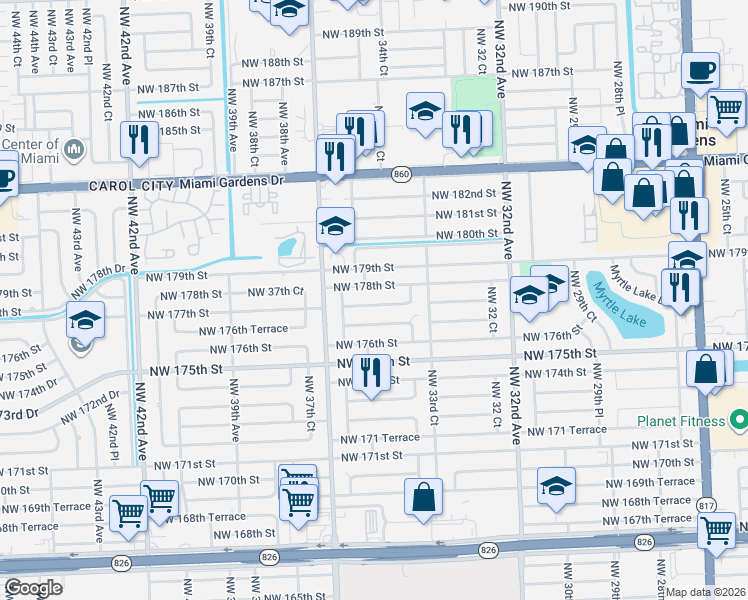 map of restaurants, bars, coffee shops, grocery stores, and more near 3460 Northwest 177th Terrace in Miami Gardens