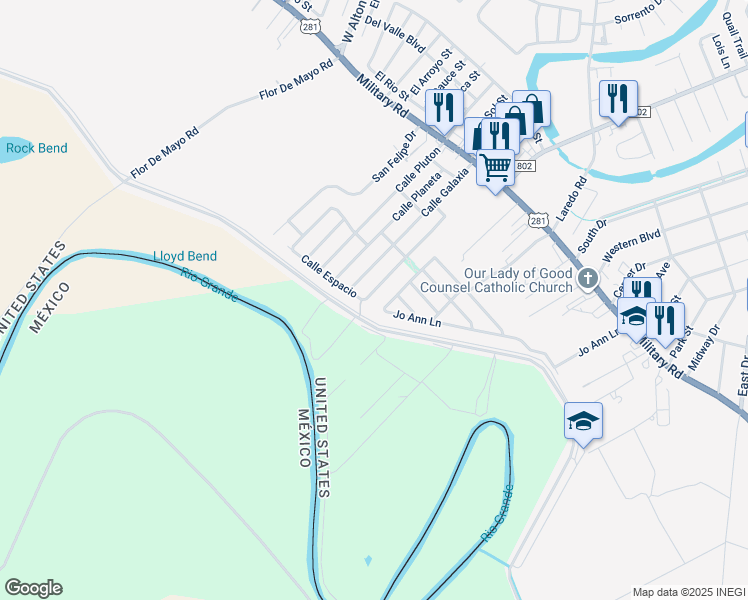 map of restaurants, bars, coffee shops, grocery stores, and more near 754-898 Jo Ann Lane in Brownsville
